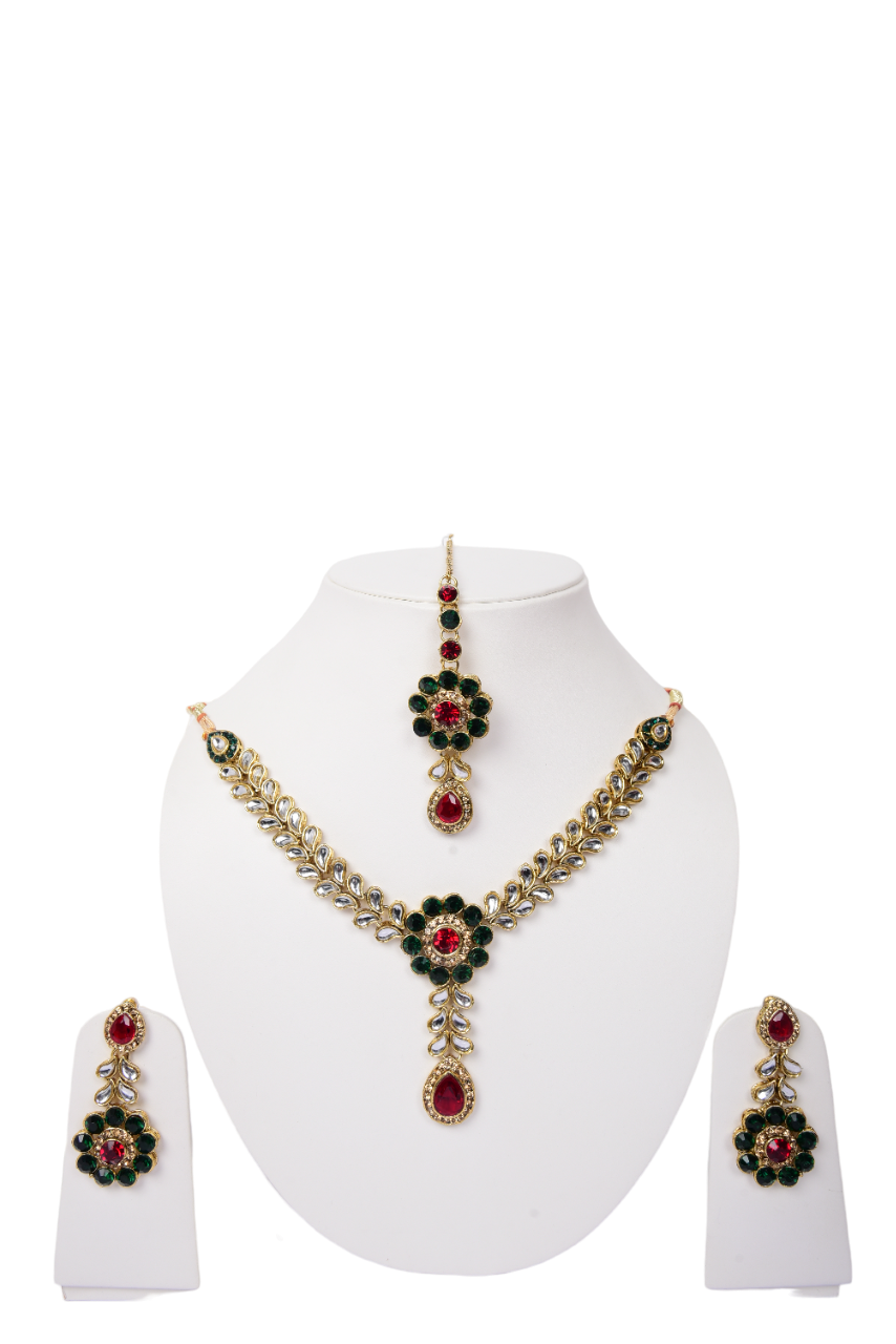 Namokriti Traditional Kundan Necklace Set for Women – Elegant Gold Plated Jewelry with Red & Green Stones